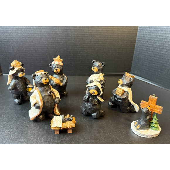 Slifka Sales Co. 7 Piece + 1 Ornament Black Bear Figurines Resin Nativity Set - Picture 1 of 7